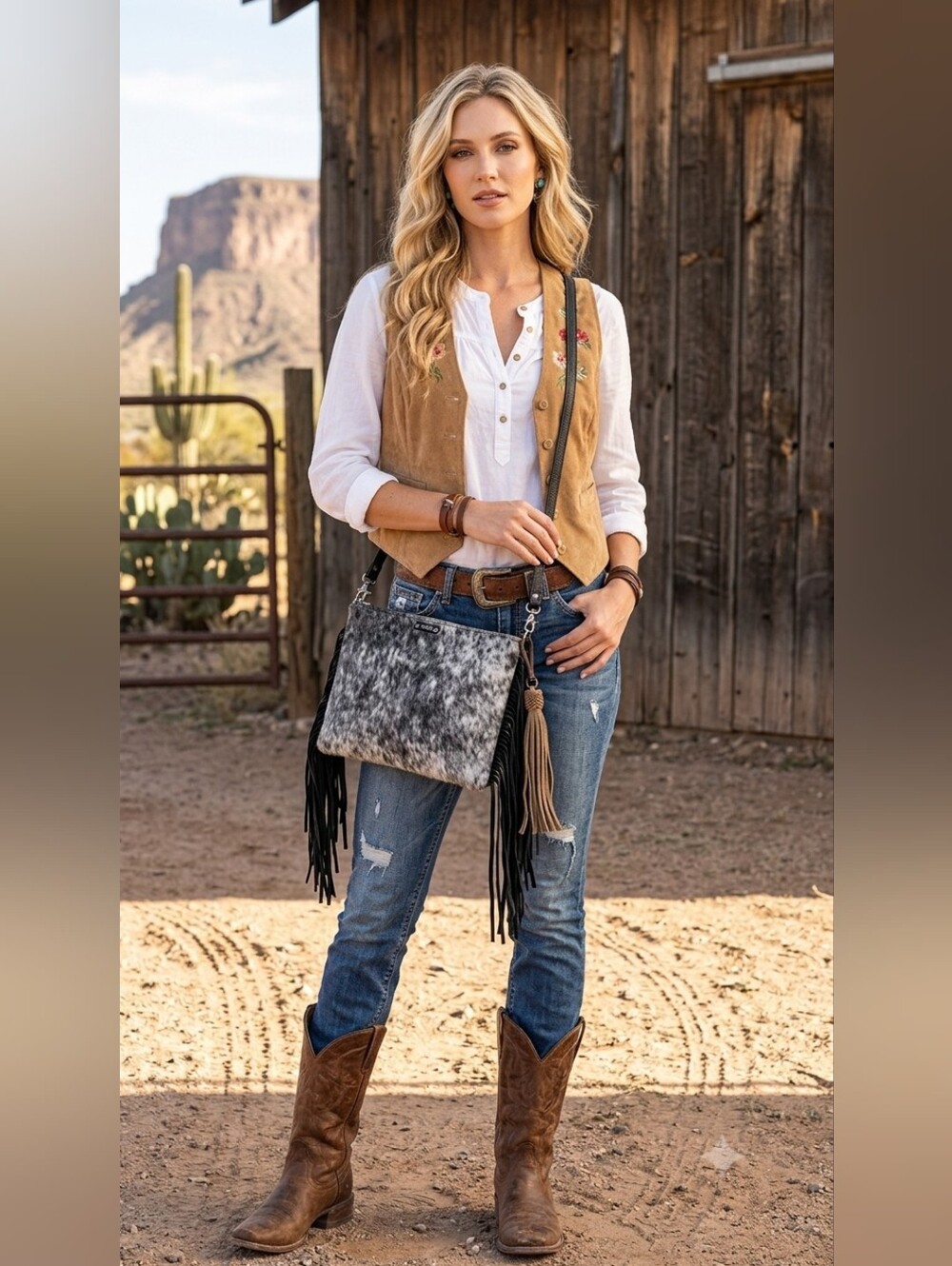 Real Leather Black and Gray Cowhide Print Fringe Crossbody Bag